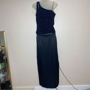 Y2K 2 Piece Skirt Top Formal Set Navy Blue Sparkle Stretch Top size 11